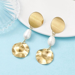 Золотой Плоские круглые серьги-гвоздики с натуральным культивированным пресноводным жемчугом, с 201 подвесками из нержавеющей стали, золотые, 65x22 мм