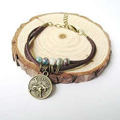 Телец 12 браслеты с подвесками в виде созвездий, браслеты из фарфоровых бусин ручной работы для мужчин, плоско-круглые, с плоской искусственной замши шнур, Телец, 5-7/8 дюйм (15 см)