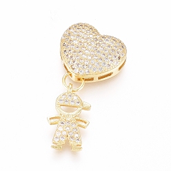 Golden Brass Micro Pave Clear Cubic Zirconia Pendants, Cadmium Free & Lead Free, Long-Lasting Plated, Heart & Boy, Golden, 13x15x6mm, Hole: 4x1mm, Boy: 16x9x1.5mm