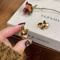 Gold Alloy & Imitation Pearl Stud Earrings, Flower, Gold, 25mm