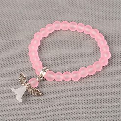 Pink Stretchy Frosted Glass Beads Kids Charm Bracelets for Children's Day, with Tibetan Style Acrylic Findings, Lovely Wedding Dress Angel Dangle, Antique Silver, Pink, 40mm
