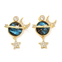 Прозрачный Латунный микропаве кубический цирконий со стеклянными подвесками, планета, луна и звезда, без кадмия и без свинца, реальный 18 k позолоченный, прозрачные, 24x20x12 мм, отверстие : 4x2.5 мм