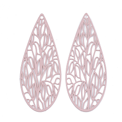 Pink 430 Stainless Steel Filigree Pendants, Spray Painted, Etched Metal Embellishments, Teardrop, Pink, 45x17.5x0.5mm, Hole: 1.4mm