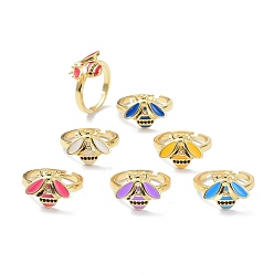 Mixed Color Brass Micro Pave Clear & Black Cubic Zirconia Adjustable Rings, with Enamel, Golden, Long-Lasting Plated, Bees, Mixed Color, US Size 7 3/4(17.9mm), 2.5mm