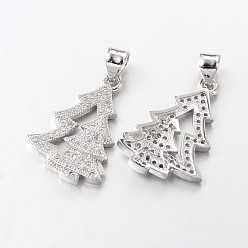 Платина Латунные микро проложить кубического циркония подвески, рождественская елка, без свинца и без никеля , платина, 20x14x3 мм, отверстие : 4x3 мм