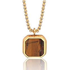 Тигровый глаз 304 квадратные подвески из нержавеющей стали с натуральным тигровым глазом, золотые, 23.62 дюйм (60 см)