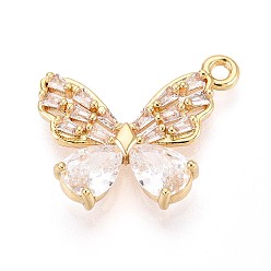 Настоящее золото 18K Подвески из латуни с прозрачным фианитом, бабочка, без никеля , реальный 18 k позолоченный, 17x20x4 мм, отверстие : 1.5~1.6 мм