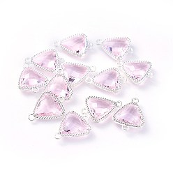Pink Соединители стеклянные ссылки, с фурнитурой Berzel с открытой спиной из экологически чистого сплава, граненые, треугольные, серебряный цвет гальваническим, розовые, 16x12x4.5 мм, отверстие : 1.2 мм