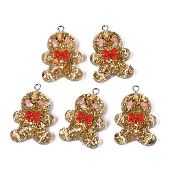 Gingerbread Man Подвески из смолы на рождественскую тематику, с блестящей пудрой и платиновой железной петлей, Колобок, 33x22x8.5 мм, отверстие : 2 мм