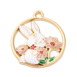 Pink Подвески из эмали и сплава, без кадмия, без никеля и без свинца, стойки покрытие, золотые, Плоская круглая подвеска с кроликом и цветком, розовые, 30x26.5x2.5 мм, отверстие : 2.3 мм