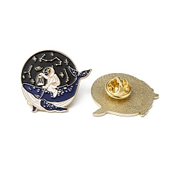 Golden Creative Zinc Alloy Brooches, Enamel Lapel Pin, with Iron Butterfly Clutches or Rubber Clutches, Spaceman with Whale Shape, Golden, 28x30mm, pin: 1mm
