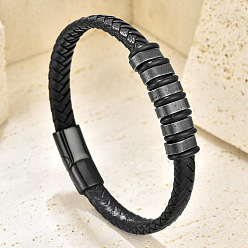 Black Braided Imitation Leather Cord Bracelets with Black 316L Stainless Steel Magnetic Clasps for Men, Black, 8.27 inch(21cm)