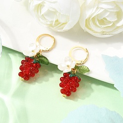Золотой Обруч серьги ручной работы бусины, винограды, с имитацией жемчуга из АБС-пластика и прозрачным акрилом, золотые, 35~36x12.5~13 мм