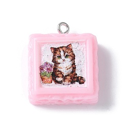 Pink Непрозрачные подвески смолы, квадрат с кошачьими подвесками, с платиновыми железными петлями, розовые, 25x21x8.5 мм, отверстие : 2 мм