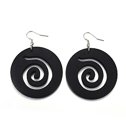 Черный Модный плоский круглый лес мотаться, С крючками серьги из сплава платины, чёрные, 69~71x49~50 мм , штифт: 0.8 мм