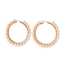 Золотой Серьги из 304 нержавеющей стали, с картофельным натуральным культивированным пресноводным жемчугом и медной проволокой, Кольцевая форма, золотые, 62x57 мм, штифты : 1 мм