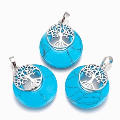 Синтетическая Бирюза Синтетические бирюзовые подвески, с латунной фурнитурой платинового цвета, плоские круглые с дерева жизни, окрашенные, 32.5~33x27.5~28x5~6 мм, отверстие : 5x7 мм
