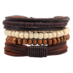 Colorful Adjustable Braided Leather Cord Wooden Beaded Multi-strand Bracelets, Stackable Bracelets, Colorful, Inner Diameter: 2.36 inch(6cm), about 4pcs/set
