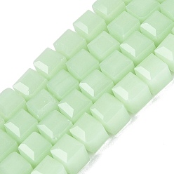 Pale Green Imitation Jade Glass Beads Strands, Cube, Faceted, Pale Green, 7x7x6.5~7mm, Hole: 1.2~1.6mm, about 96~101pcs/strand, 25.39~28.54 inch(64.5~72.5cm)
