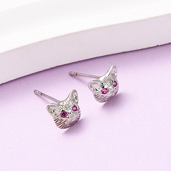 Платинированный Серьги-гвоздики из латуни с микропаве из кубических цирконий в форме кошки, Реальная платина, 6.5x8 мм