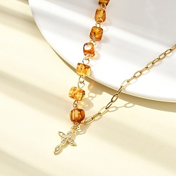 Золотой Ожерелье из натуральных янтарных бусин и цепочек из нержавеющей стали в виде скрепок., Подвеска в виде креста из латуни с микропаве из прозрачного кубического циркония, посвященная религии., золотые, 304 дюйм (17.91 см)