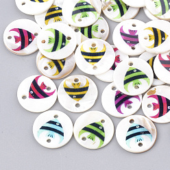 Mixed Color Printed Freshwater Shell Links connectors, Flat Round with Fish, Mixed Color, 18x2~2.5mm, Hole: 1.6mm