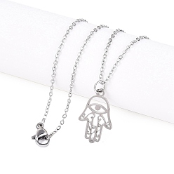 Нержавеющая Сталь Цвет Не тускнеющие 201 ожерелья с подвесками из нержавеющей стали, с кабельными цепями, hamsa рука / рука fatima / рука miriam, цвет нержавеющей стали, 15.7 дюйм (40 см), 1.5 мм, рука: 21x13x1 мм