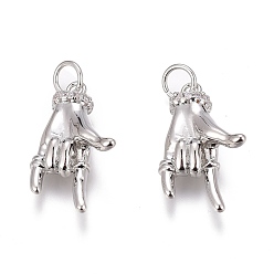 Платинированный Латунные микропаве прозрачные подвески с фианитом, долговечный, рок под рукой geseute, Реальная платина, 20x13x7.5 мм, отверстие : 3 мм