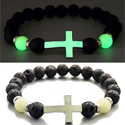 Зеленый Эластичные браслеты из бусин из натуральной лавы, круглые женские браслеты из флюорита и светящихся крестообразных бусин, зелёные, внутренний диаметр: 2-1/8 дюйм (5.5 см)