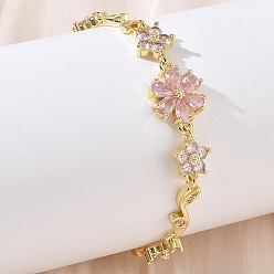 Pink Латунные браслеты-цепочки с микропаве из кубического циркония для женщин, цветок, долговечный, стойки покрытие, без кадмия и без свинца, реальный 18 k позолоченный, розовые, 5.51 дюйм (14 см)