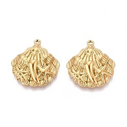 Настоящее золото 18K 304 подвески в форме ракушек из нержавеющей стали, ионное покрытие (ip), реальный 18 k позолоченный, 25x23x5 мм, отверстие : 1.5 мм