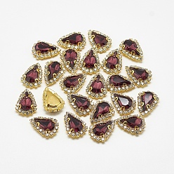 Burgundy Sew on Rhinestone, Multi-strand Links, Glass Rhinestones, with Brass Findings, Garments Accessories, teardrop, Golden, Burgundy, 17.5x12.5x5.5mm, Hole: 1mm