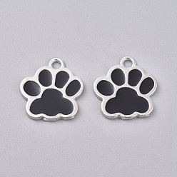 Black Enamel Pendants, with Platinum Plated Alloy Findings, Bear Paw Prints, Black, 16x17x1mm, Hole: 2mm