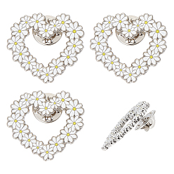 Белый 4 шт. эмалированные значки в форме сердца с ромашками, булавки для лацканов из сплава для одежды рюкзака, белые, 26.5x29 мм