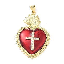 Настоящее золото 18K Латунные микро проложить кубического циркония подвески, святое сердце, с эмалью, стойки покрытие, без свинца и без кадмия, долговечный, реальный 18 k позолоченный, 41.5x29x4 мм, отверстие : 3.5x5 мм