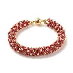Dark Red Glass Seed Beaded Bracelet with Brass Magnetic Clasp, Braided Bracelet for Women, Dark Red, 7-1/2 inch(19cm)