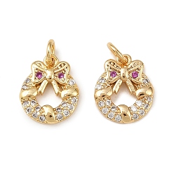 Christmas Wreath Рождественские латунные микропаве подвески из фианита, с целью перехода в кольце, без свинца и без кадмия, долговечный, стойки покрытие, реальный 18 k позолоченный, Рождественский венок, 10.5x9x2 мм, отверстие : 2 мм