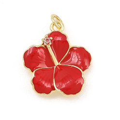 Red Brass Micro Pave Clear Cubic Zirconia Pendants, with Enamel, Flower Charms, Golden, Red, 21.5x19x5mm, Hole: 3.5mm