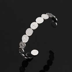 Нержавеющая Сталь Цвет 201 женские браслеты-манжеты из нержавеющей стали, плоские круглые с крестом, цвет нержавеющей стали, внутренний диаметр: 2.32 дюйм (5.9 см)