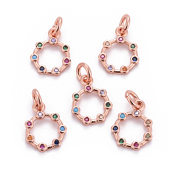 Rose Gold Brass Micro Pave Cubic Zirconia Charms, with Jump Rings, Ring, Colorful, Rose Gold, 12x10x1.5mm, Hole: 2.5mm