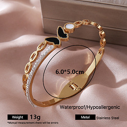 Butterfly 304 Stainless Steel Black Enamel Hinged Cuff Bangles with Crystal Rhinestone and Natural White Shell for Women, Golden, Butterfly, Inner Diameter: 2.36 inch(6cm)