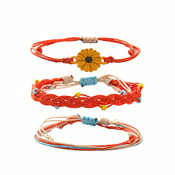 Оранжево-Красный 3шт. набор браслетов из плетеных бусин из цветочного сплава и смоляного воскового шнура, оранжево-красный, 11 дюйм (28 см)
