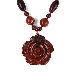 Red Jasper Natural Red Jasper Flower Pendant Necklaces, with Stainless Steel Clasps, Stainless Steel Color, 18.50 inch(47cm)~20.67 inch(52.5cm)