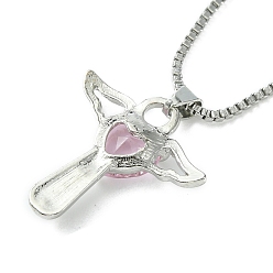 Pink Cubic Zirconia Fairy with Heart Pendant Necklace with Box Chains, Platinum Zinc Alloy Jewelry for Women, Pink, 18.98 inch(48.2cm)