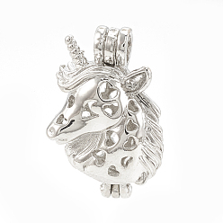 Platine Pendentifs de cage de perle d'alliage, creux, licorne, platine, 27.5x19x11mm, trou: 4.5x3 mm, mesure intérieure: 16.5x9 mm