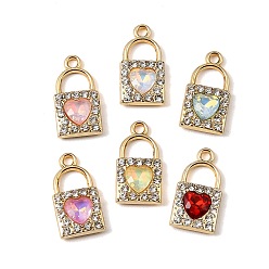 Golden UV Plating Alloy Glass Pendants, Heart Lock Charm, with Rhinestone, Faceted, Mixed Color, Golden, 19.5x10.5x3.5mm, Hole: 1.9mm