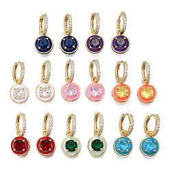 Mixed Color Cubic Zirconia Flat Round Dangle Hoop Dangle Earrings with Enamel, Real 18K Gold Plated Brass Jewelry for Women, Nickel Free, Mixed Color, 26mm, Pin: 1mm