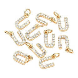 Letter U Colgantes Shegrace de latón con microengaste de circonitas cúbicas transparentes, sin níquel, real 18 k chapado en oro, amuletos de la letra u, 12x7.5x2.5 mm, anillo de salto: 5x1 mm, diámetro interior: 3 mm