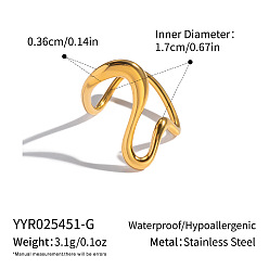 Real 18K Gold Plated Wave 304 Stainless Steel Cuff Open Rings for Women, Real 18K Gold Plated, 17mm