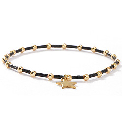 Звезда Винтажные латунные браслеты с подвесками и стеклянными бусинами, эластичные, для женщин и девушек., черный и золотой, звезда, 6.89 дюйм (17.5 см)